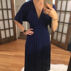 Deep V Navy Blue Midi Dress with Slit